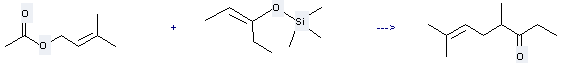 Preparation of 6-Octen-3-one,4,7-dimethyl: this chemical can be prepared by 1-Acetoxy-3-methyl-but-2-ene and ((E)-1-Ethyl-propenyloxy)-trimethyl-silane.